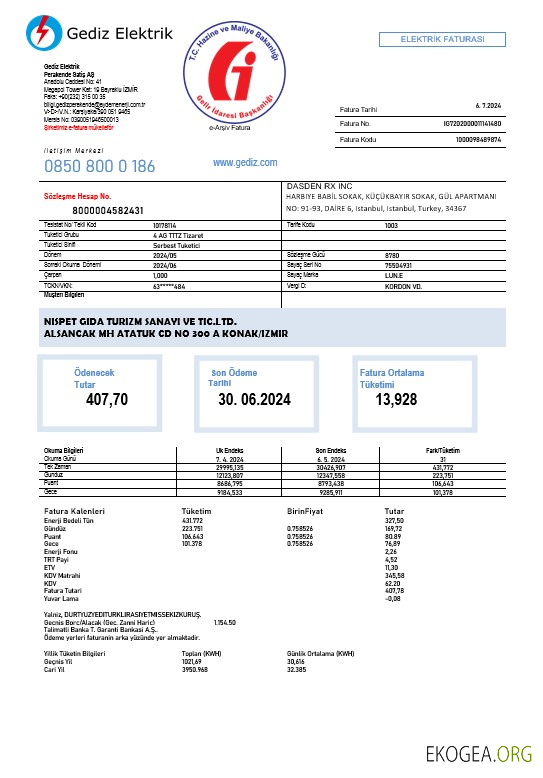 Modèle de facture de services publics pour entreprise Turquie Gediz Elektrik aux formats Word et PDF, entièrement modifiable